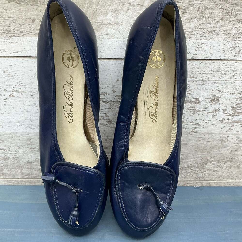 Brooks Brothers Navy Blue Leather Tassel Low Heel Pumps Loafers Size 7